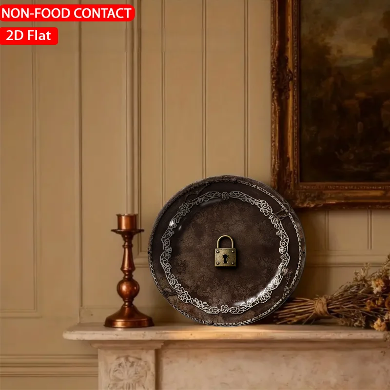 1pc Vintage Ornate Lock Bronze Ceramic Plate Non-Food Contact, Home Desk Ornaments, Living Room And Bedroom Decorations,