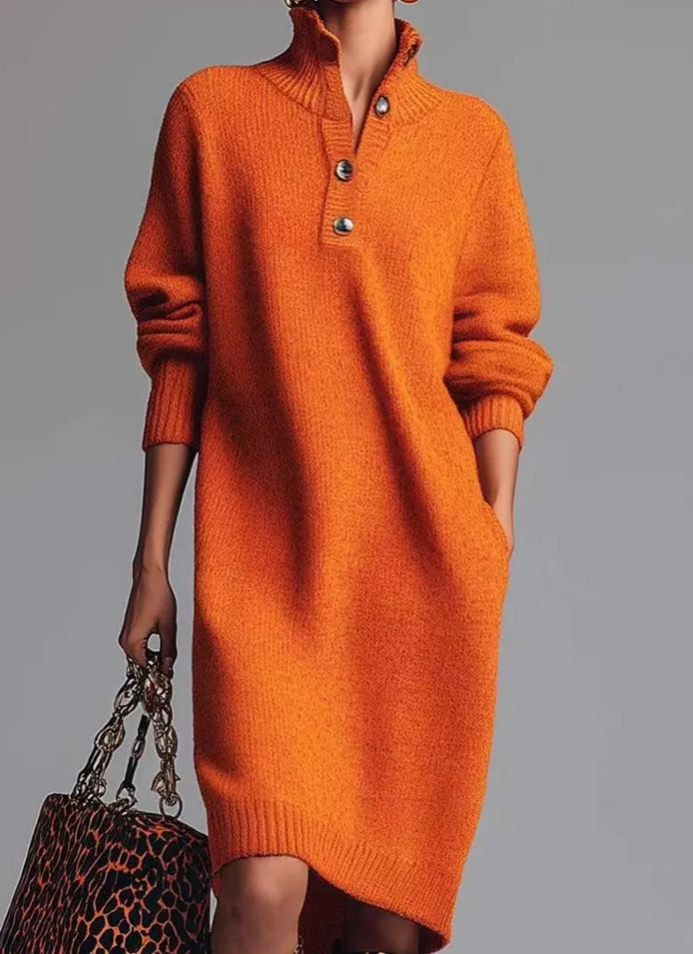 Fashion Knitted Button Stand Up Collar Threaded Cuff Women Autumn Casual Loose Pocket Lazy Straight Knee Over Long Sleeve Dress