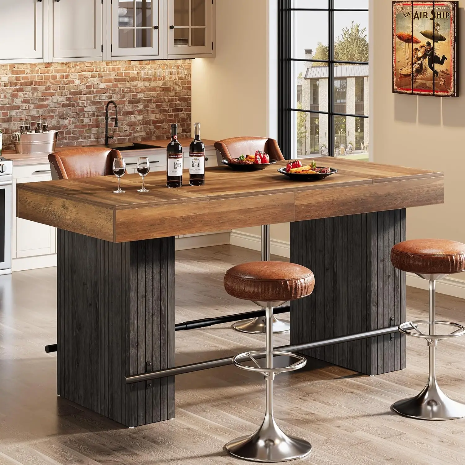62.2 Inch Bar Table, Industrial Counter Height Pub Dining Table, Rectangular Home Bar Units with Metal Footrest for Home Kitchen