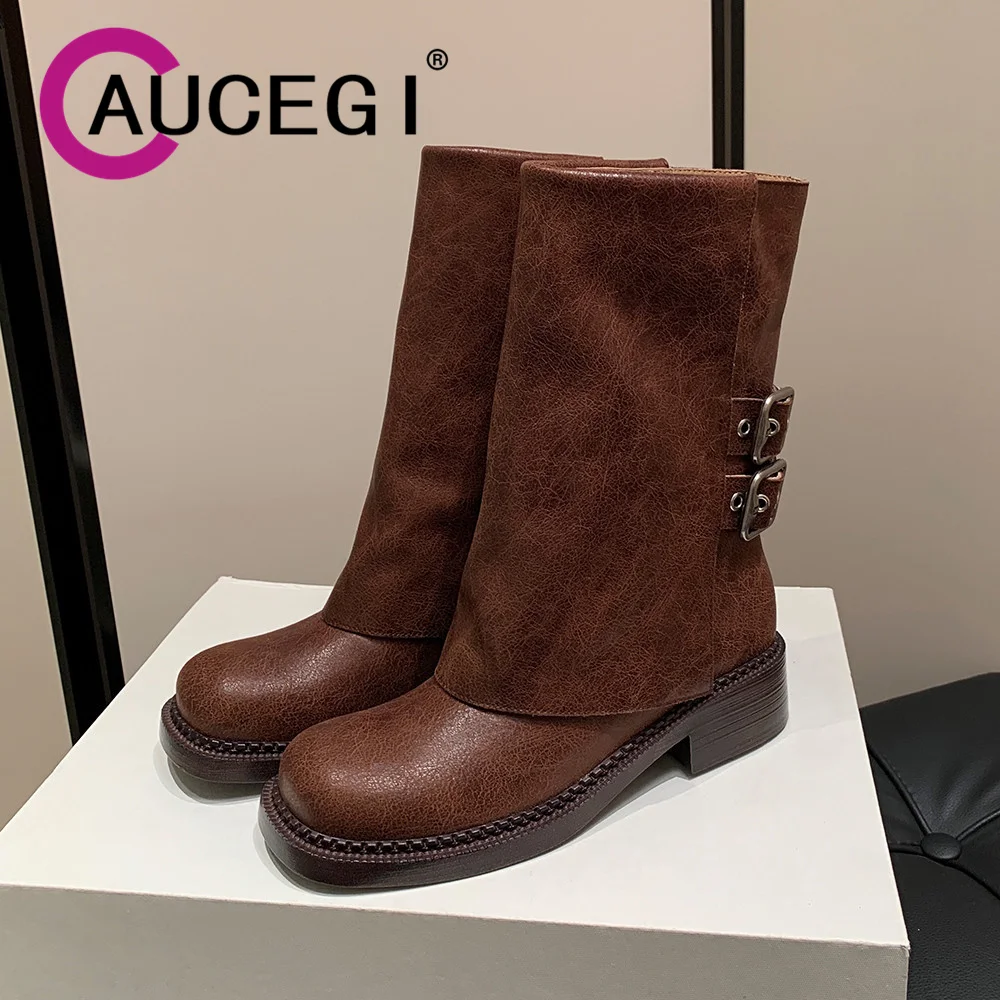 

Aucegi New Arrival Classic Genuine Leather Fashion Motorcycle Mid-Calf Boots Non-Slip Round Toe Buckle Decora Daily Life Shoes