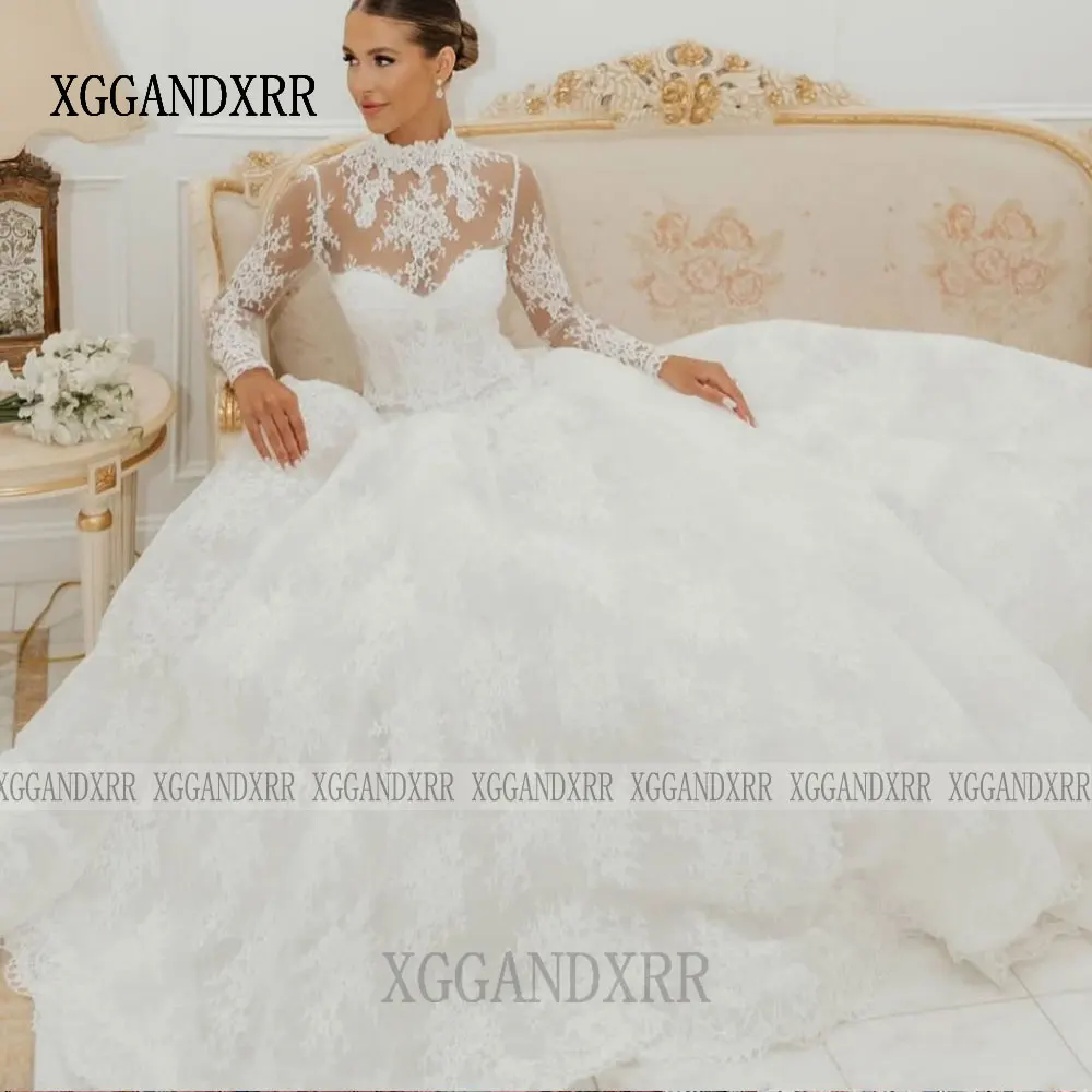 XGGandXRR Abito da sposa elegante in pizzo con collo alto personalizzato Abito da sposa a maniche lunghe per donna Abito da sposa a trapezio lungo fino al pavimento
