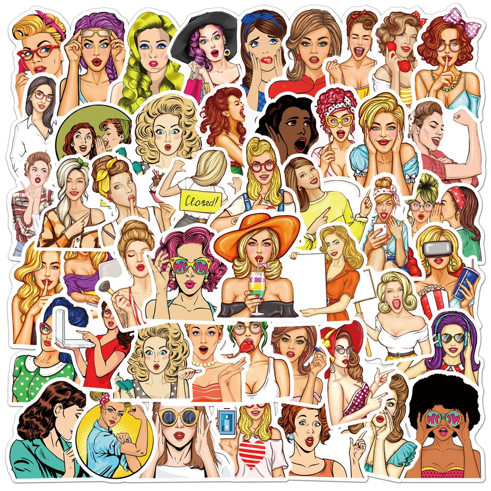 50 Stück Pop-Art-Mädchen-Aufkleber für Gepäck, Wasserbecher, Schreibwaren, Handy, Auto, Roller, Laptop, Kühlschrank, Dekorationsaufkleber