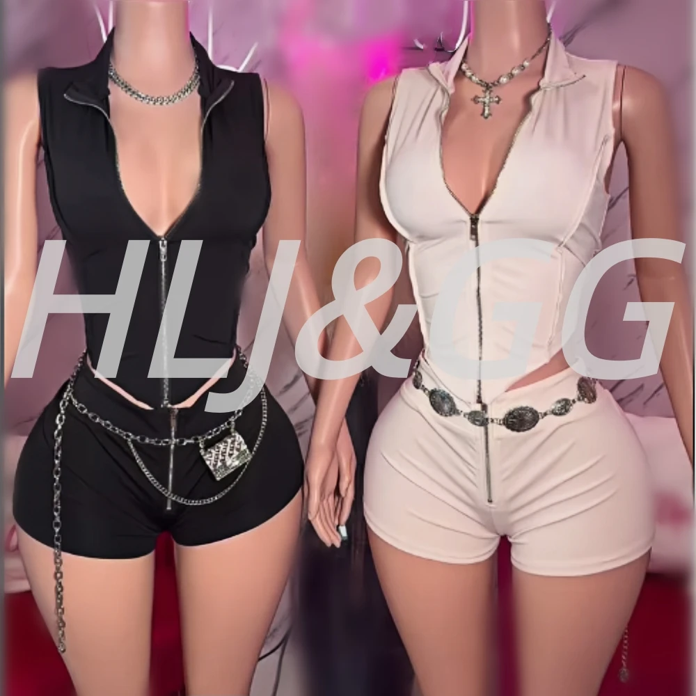 

HLJ Spring Summer New Casual Sporty 2 Pieces Set for Woman Zipper Irregular Patchwork Crop Top+Skinny Shorts Female Streetwear