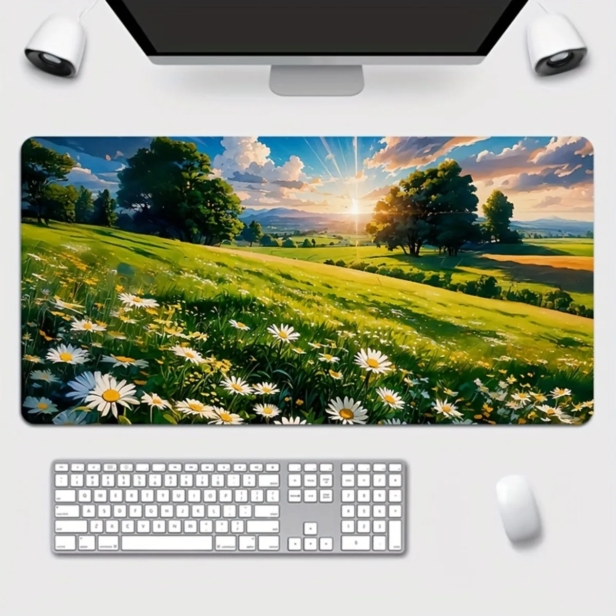 

Натуральный резиновый коврик для мыши с пейзажем луга, нескользящая основа, яркий коврик для стола с ромашками для декора дома и офиса