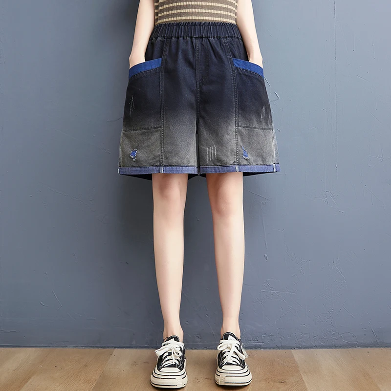 

Retro Waed Distred Colored Denim orts Women's Summer Faion Versatile Hot Pants Loose plus Size Slimming Wide Leg Pants