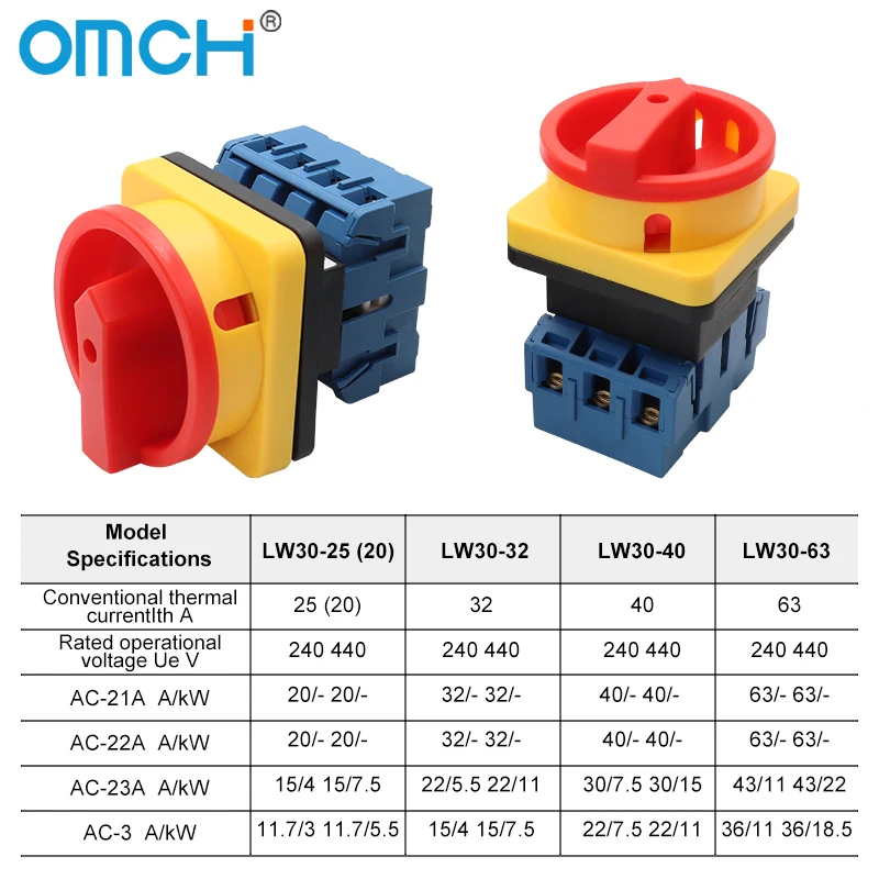 OMCH 1 قطعة 25A/32A/40A/63A 3P 4P LW30 تغيير التبديل قفل قطع محدد مع لوحة ON-OFF 440 فولت التحكم في الطاقة