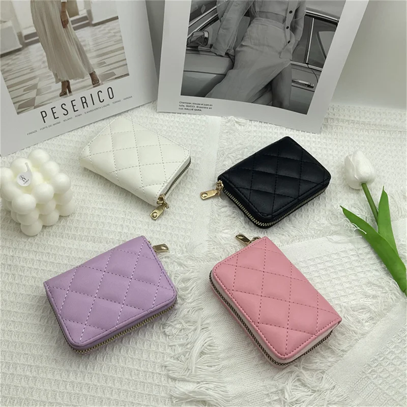 Vrouwen Mode Pu Lederen Rits Portemonnee Kaarthouder Ruit Geborduurde Korte Portemonnee