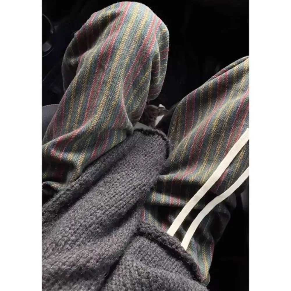 Striped Woolen Lazy Style Casual Wide-Leg Pants Women's 2024 Autumn And Winter New Drape High-Waisted Straight Mopping Pants