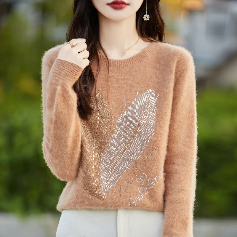 Suéter con cuello redondo para mujer, Top de punto de otoño, jersey de manga larga a la moda con diamantes de plumas, jersey básico de alta elasticidad para invierno, jersey cálido para mujer