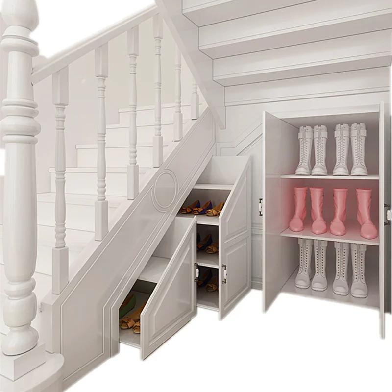 

Villa duplex red oak staircase storage cabinet custom European ladder cabinet custom push-pull shoe cabinet