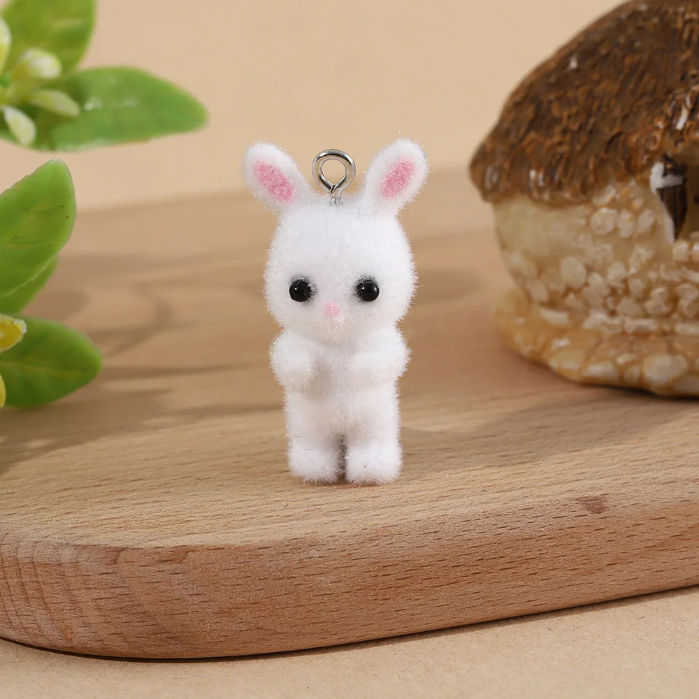 4pcs Cute Cartoon Resin Charms Flocked Animal Rabbit Pendant for make Earring Keychain phone charm DIY Jewelry Accessories