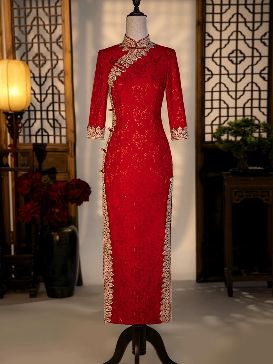 

Red Long Qipao Wedding Dr Lace Trim Wedding Reception Ceremony New Bride Autumn Winter Wedding Banquet Mom's Dr