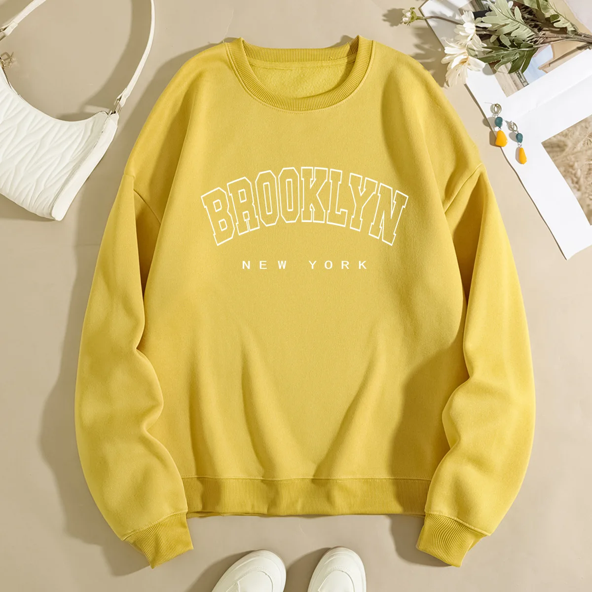 European and American Women\'s Loose Round Neck Long Sleeve Fleece Hoodie Women\'s Coat BROOKLYN Sweatshirts Clothes