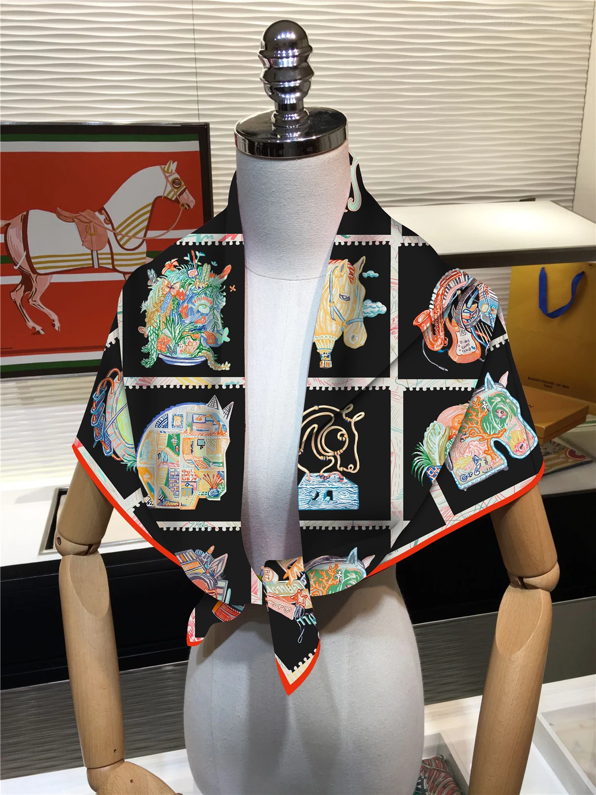 90cm Brand Square Scarf Women Fashion Twill 100% Silk Scarf Shawl Design Hijab Bandana Foulard Prismatic Horse Head Neckerchief