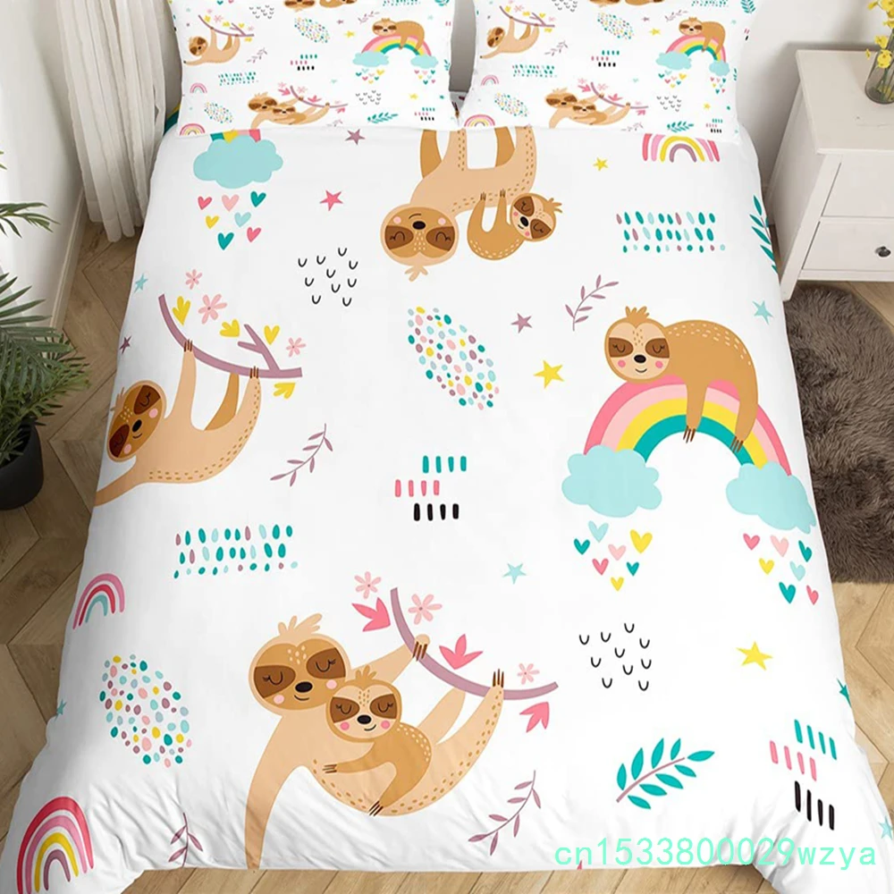 Cartoon Animal Rainbow Duvet Cover Queen Kawaii Elephant Bedding Set Kids Bedroom Decor Quilt Cover Polyester Comforter Cover