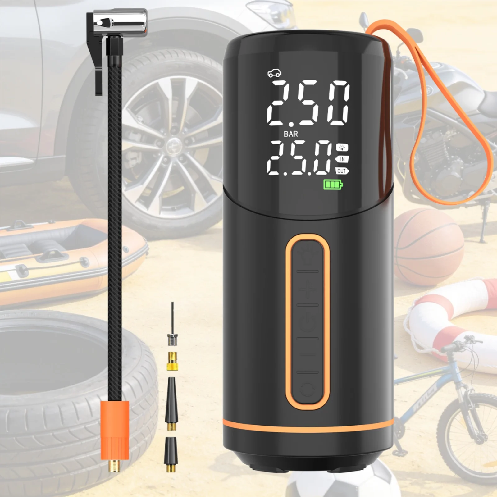 

Портативный мини-компрессор 12В с беспроводным питанием, 150PSI, для автомобильных шин, велосипедов и мотоциклов, электрический насос