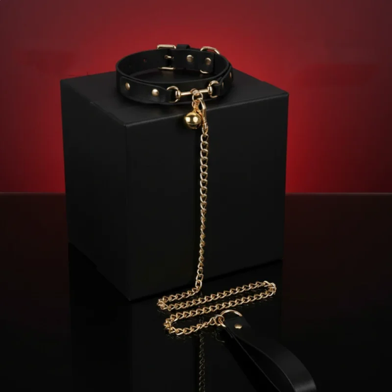Adjustable Leather Choker Necklace Bell With Chain Leash Set Couple Cosplay Games Party Costume Gothic Punk Fashion Accessory