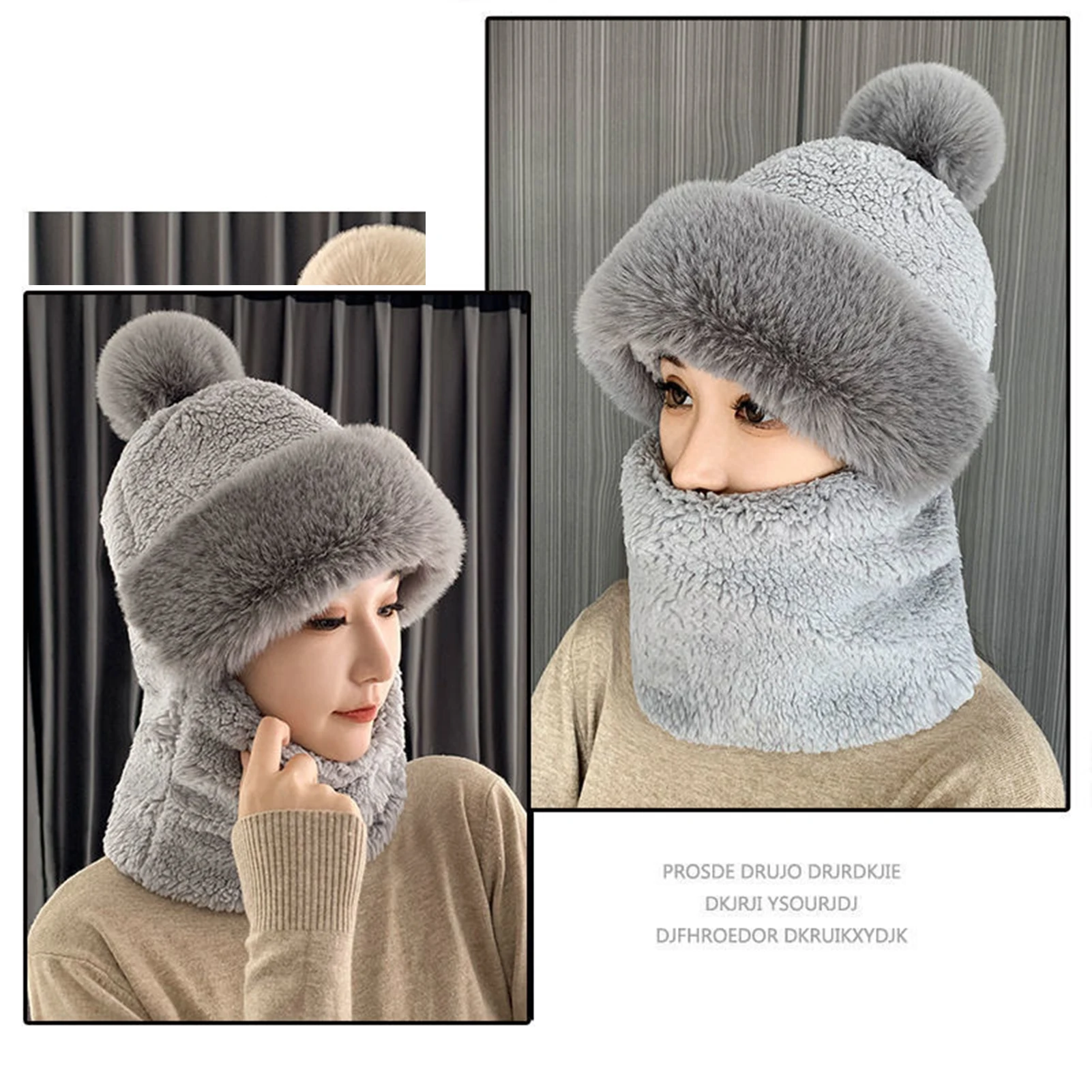 1pcs Women's Coral Fleece Integrated Winter 3-in-1 Scarf Hat Thermal Cute Warm Ear Protections Windproof Cap For Cycling Skiing