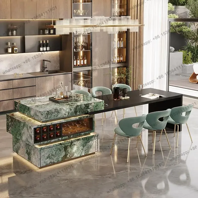 D36Extendable Turquoise Marble Kitchen Island - Custom Luxury Stone Dining Table & Peninsula Countertop for Open-Concept Kitchen