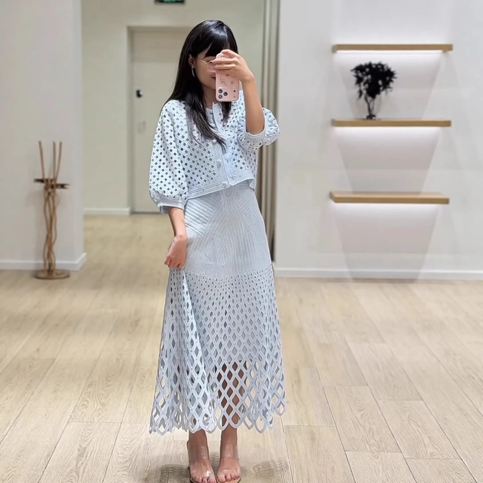 

Spring Women Hot Drilling Hollow Out Solid Color Knitted Set Short Sleeve Single Breasted Knitwear Coat + Elegant Slip Dress