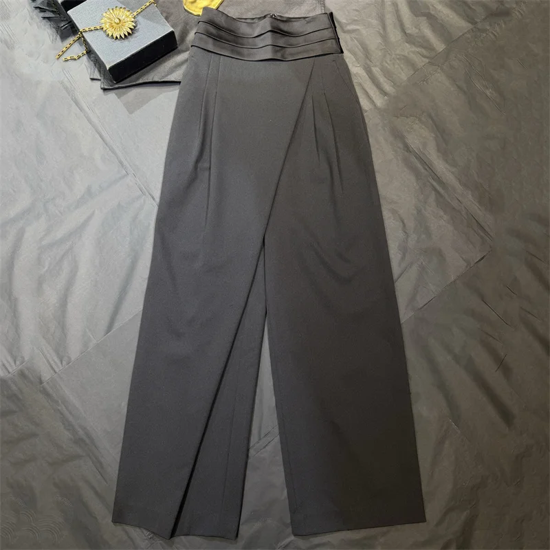 Women's pants New high waisted slim fit straight leg pants for spring 2026 Satin patchwork wide leg pants Asymmetric trousers