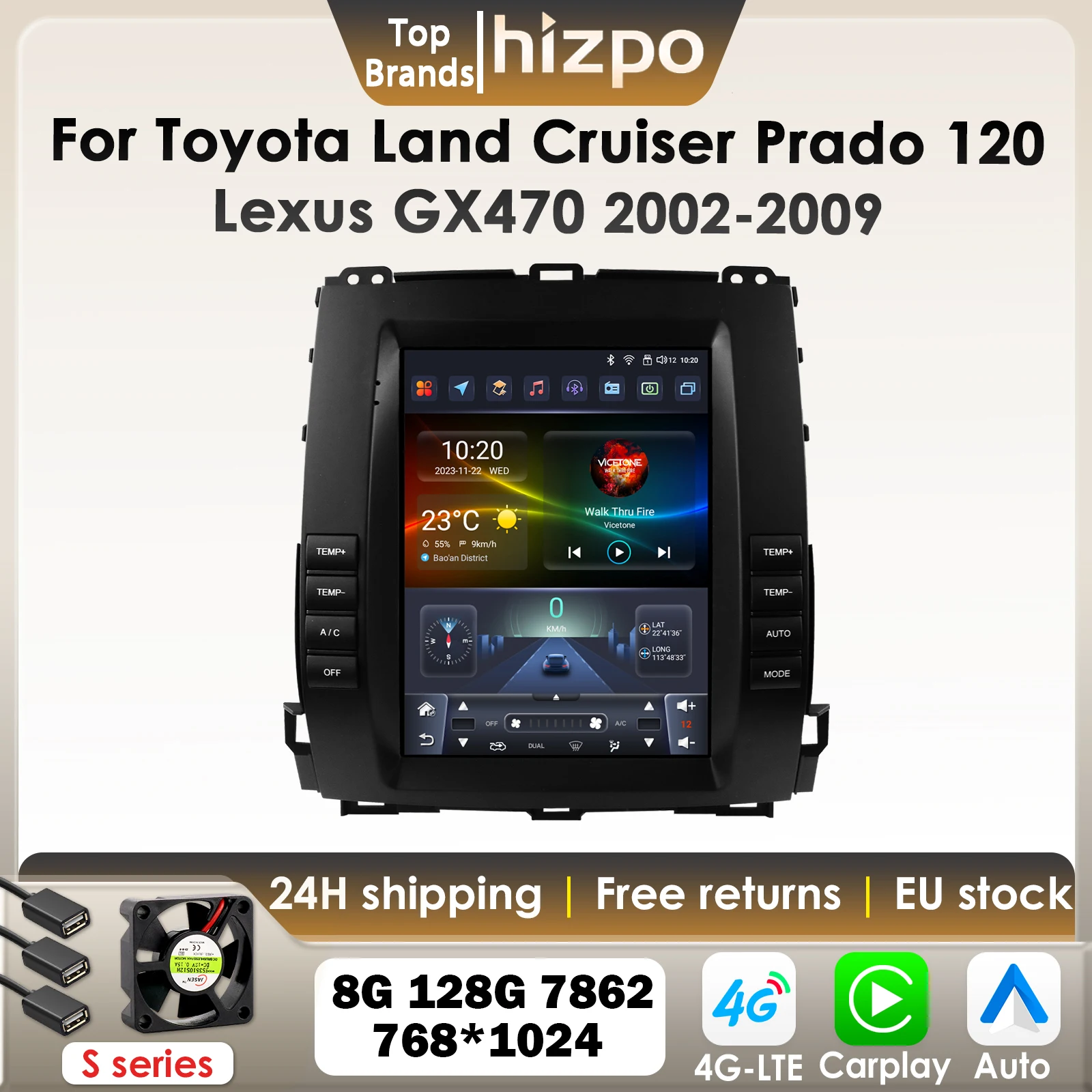 Hizpo Carplay Android Autoradio Per Toyota Land Cruiser Prado 120 Lexus GX470 2002-2009 GPS 2Din Schermo Verticale 4G BT AI 7862