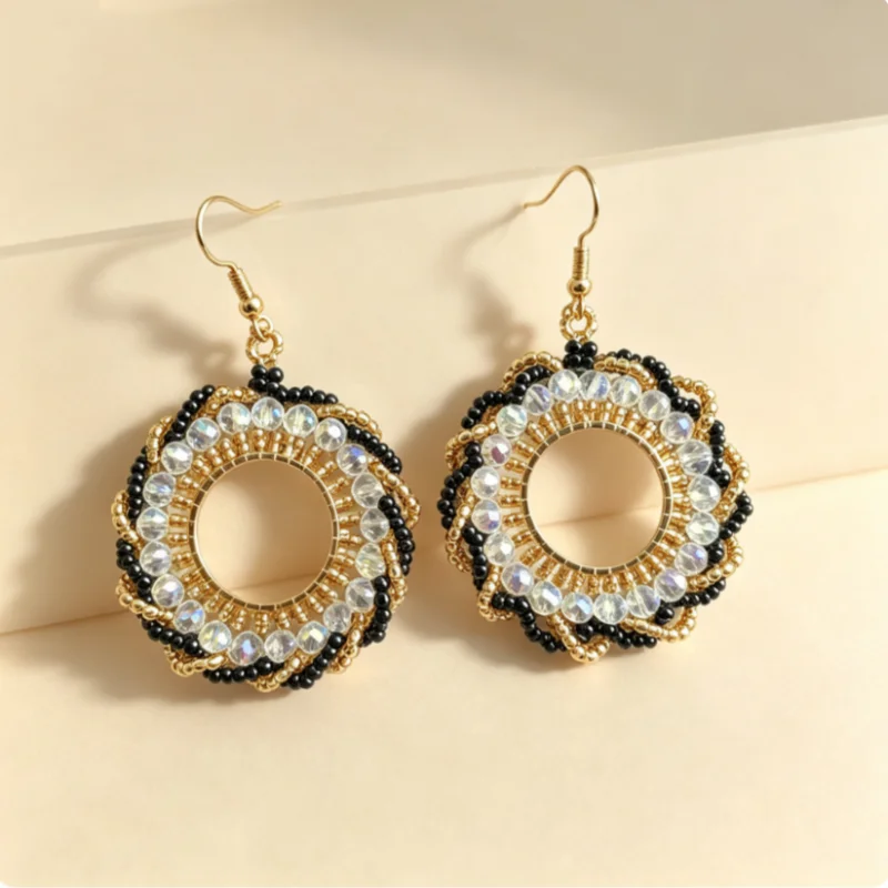 Sparkling Large Hoop Earrings, with Crystal Zircon Stones Hand-Wrapped Around the Hoop in a Multi-Layered Weave