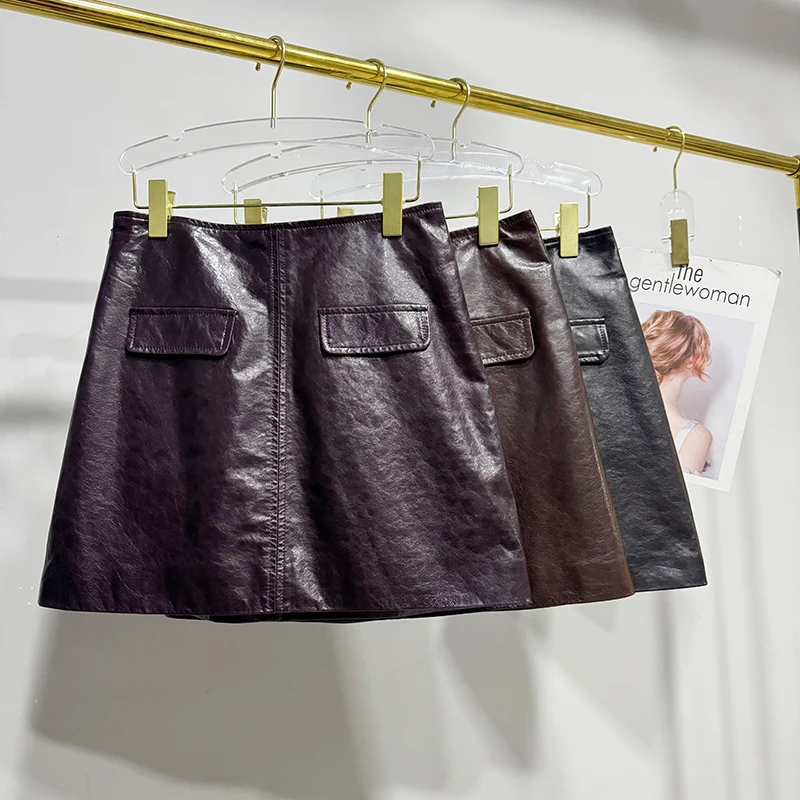 

Новое поступление, мини-юбка из натуральной кожи, осень-зима, женская полуюбка трапециевидной формы с высокой талией, тонкая кофейная/фиолетовая масляная восковая овчина