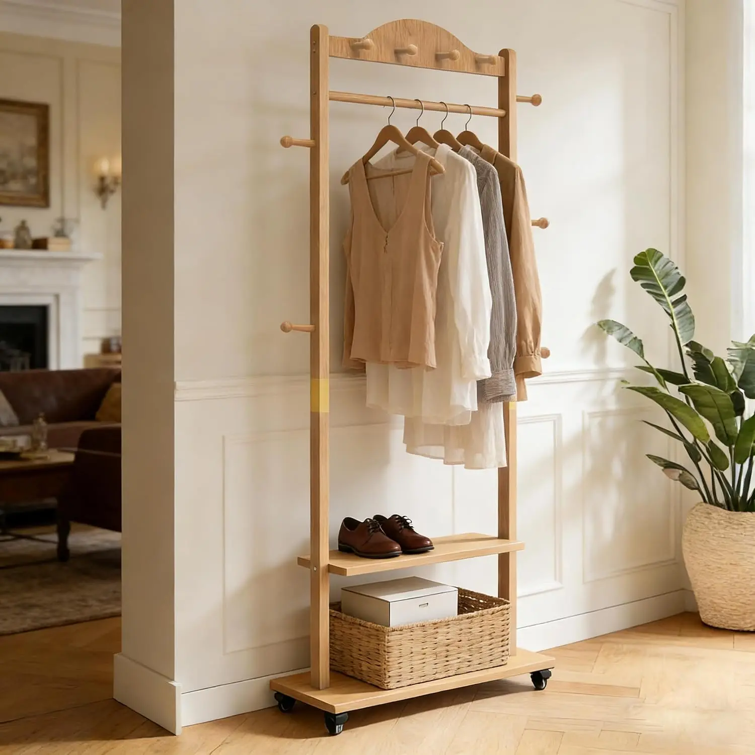9 Hooks Solid Wood Clothing Rack 2 Shelves Freestanding Wheels Coat Tree Hat Hanger Home Corner Storage, Customized