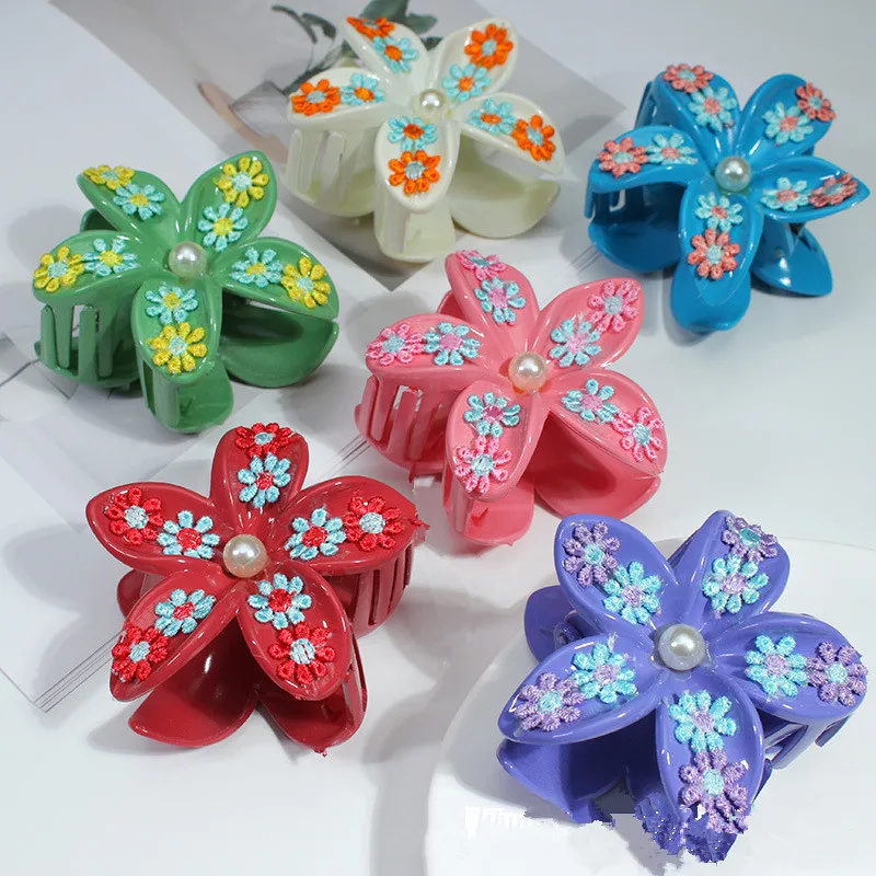

Корейская красочная ручная вышивка, цветок, жемчуг, заколка для волос, женские праздничные свадебные зажимы для волос в виде акулы, головные уборы, аксессуары для волос