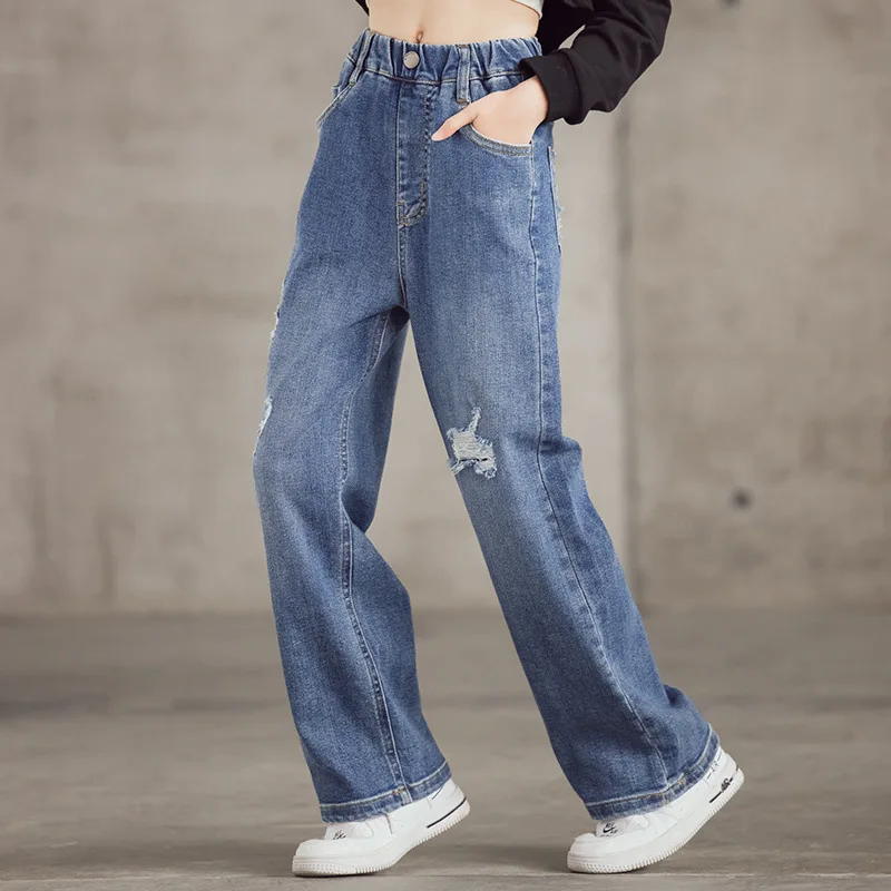 

Girls Denim Trousers Children 2024 New Spring and Summer Blue Bottoms Simple Casual Style All-match Pants Korean Simple Style