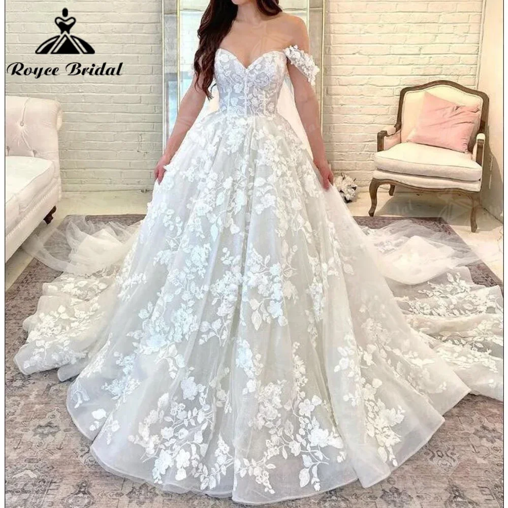 Roycebridal Luxus Spitze Off Schulter Brautkleider Kurzen Ärmeln Brautkleider Schatz Boho Brautkleider vestidos de novia