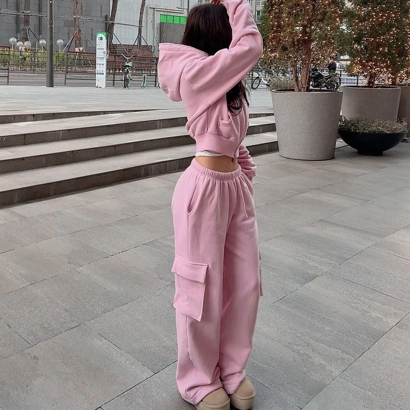 Zipper Hoodie with Wide Leg Pant Two Piece Set for Women Casual Hooded Sweatshirt Tracksuits Sporty Pants Outfit 2 Piece Suits