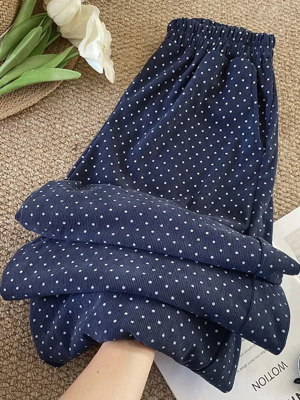 

High Waist Wide Leg Pants Women's Breathable Polka Dot Retro plus Size Loose Casual Corduroy Autumn Season Ladies Trousers