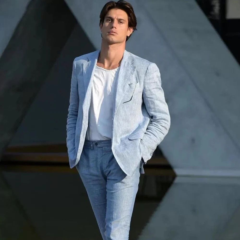 

Summer Thin Linen Male Suit Fashion Notch Lapel Solid Color Male Blazer Sky Blue Smart Casual Wedding Groom Tuxedo 2 Piece Set