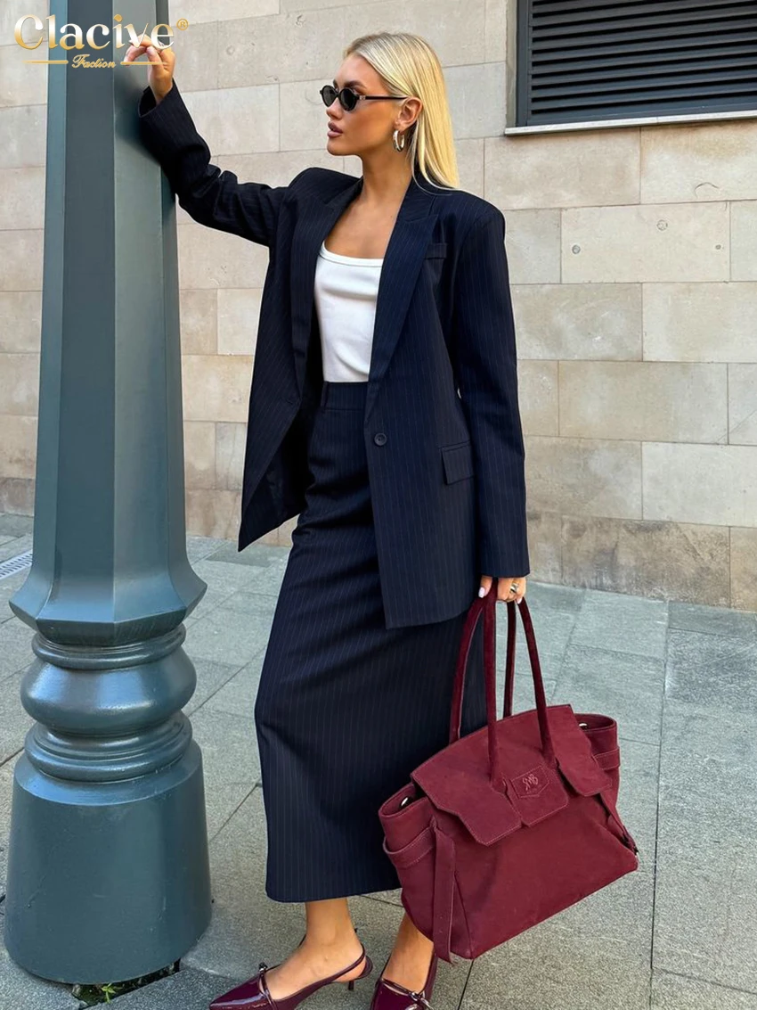 Clacive Fashion Loose Blue Stripe 2 Piece Set Women Outfit 2025 Elegant Long Sleeve Blazer With High Waist Long Skirt Set Female