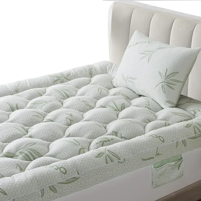 

Bamboo Mattress Topper with 1 Pillow Protector, Side Pocket, Waterproof Mattress Protector, Cooling Extra Thick Breathable