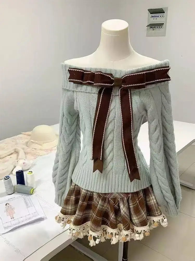 

Милый сексуальный вязаный свитер с открытыми плечами, осень-зима Y2k, облегающие джемперы для электронных девочек, повседневные корейские модные пуловеры с длинными рукавами