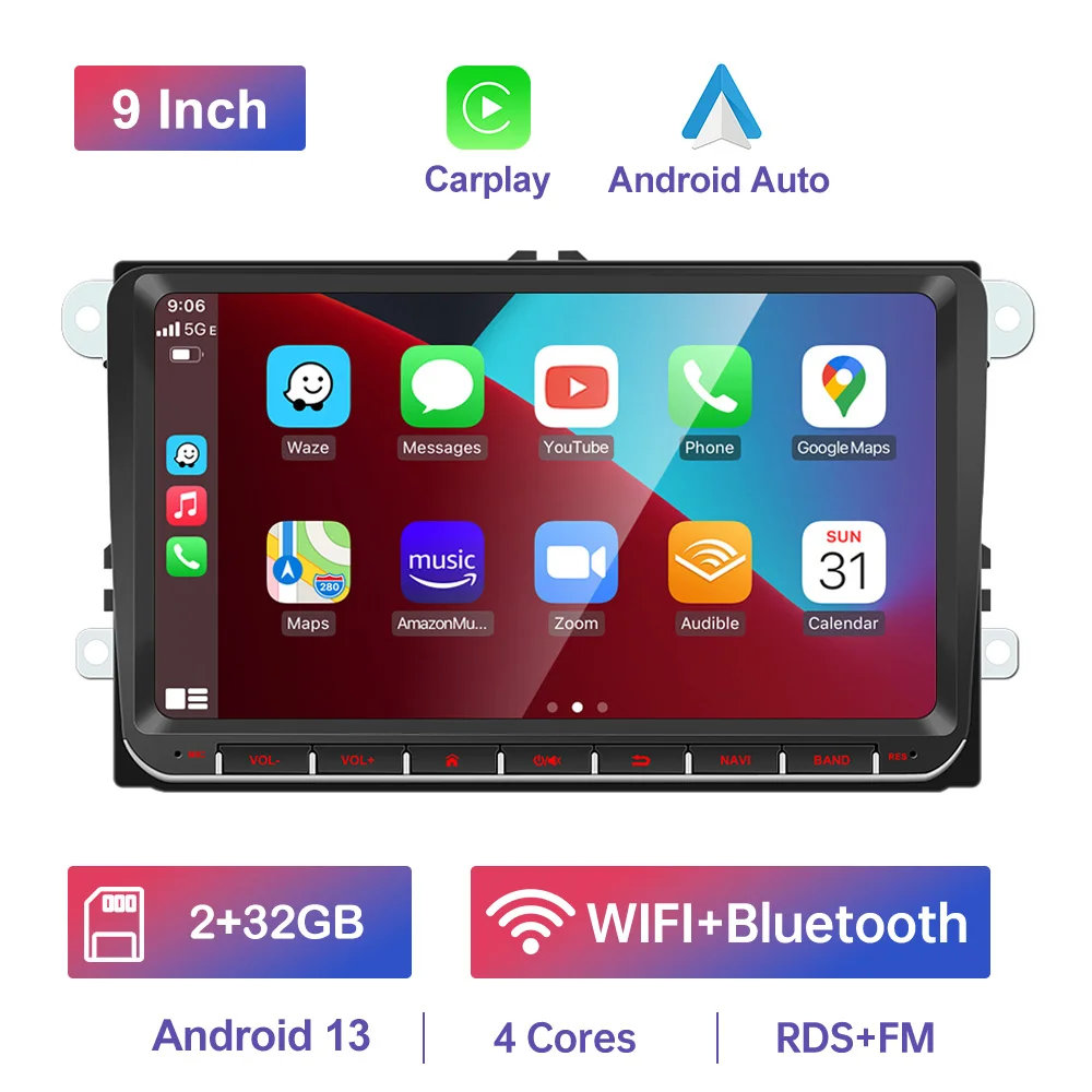 GEARELEC 9" Autoradio voor VW Golf Passat B6 B7 Skoda's Octavia Polo Tiguan 2 Din draadloos Android 13 CarPlay Android RDS Auto DSP BT 4G GPS Auto Multimediaspeler voor Volkswagen