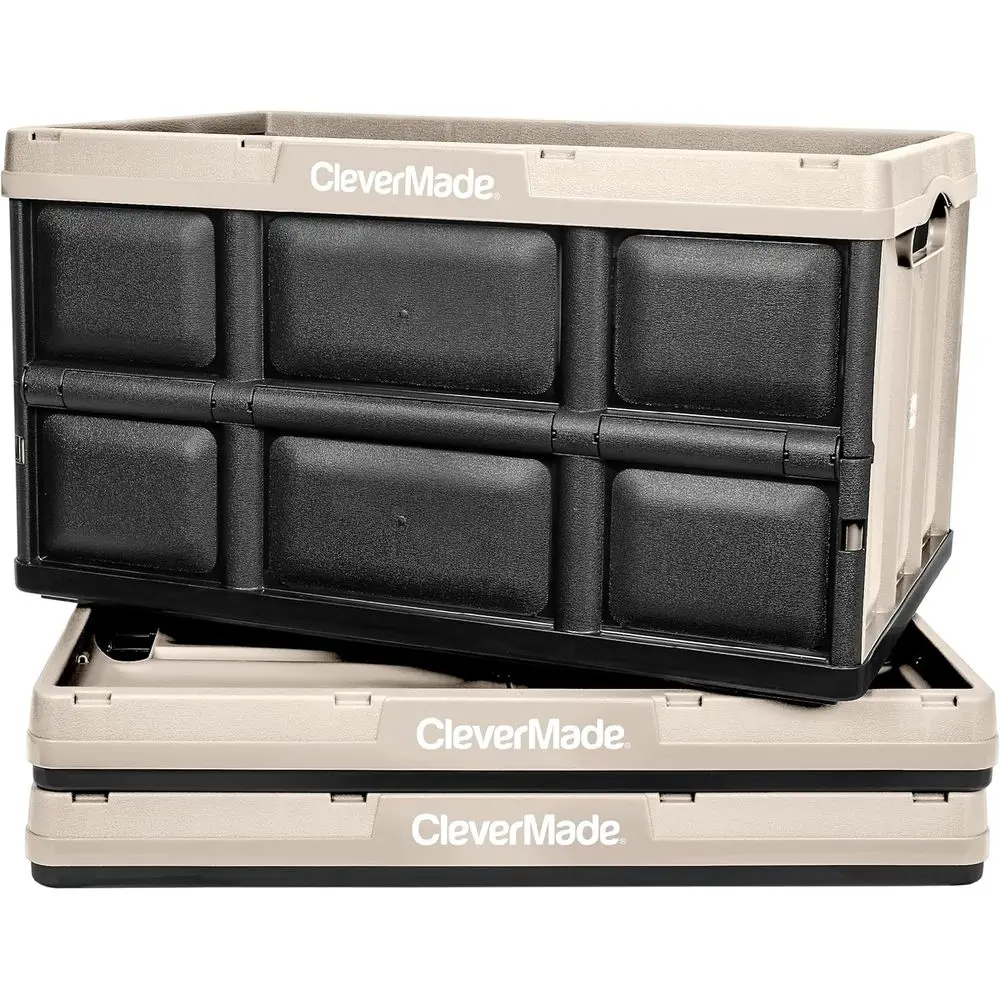 

Collapsible Storage Bins - Tan 3 Pack 62L - Stackable Containers Heavy Duty Capacity Folding Crates - Space-Saving for Home