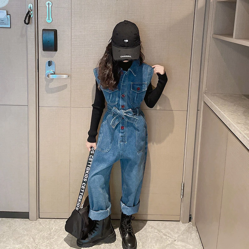 Girls' Denim Jumpsuit Spring Autumn 2027 New Stylish Sleeveless Romper for Teenager Children ​Kids Clothing 5-14Years