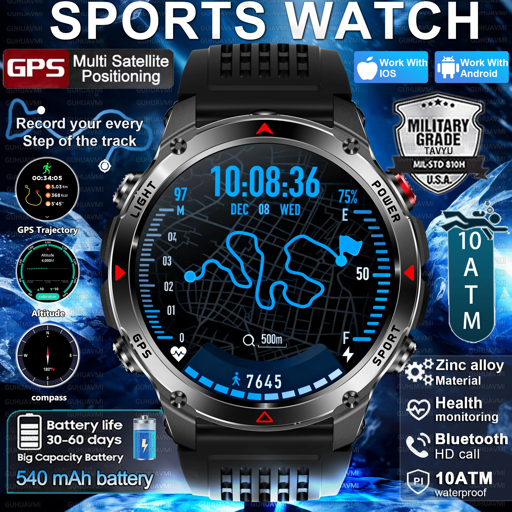 

Новые горячие военные качественные уличные 100 + спортивные умные часы для мужчин GPS двухдиапазонное позиционирование сердечного ритма HD вызов IP69K водонепроницаемый браслет