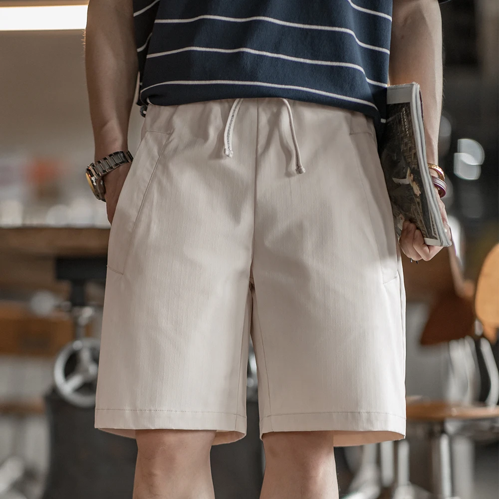 Maden Casual Solid Color Woven Twill Textured Shorts with Elastic Waist and Drawstring Design Straight Shorts for Men's Summer