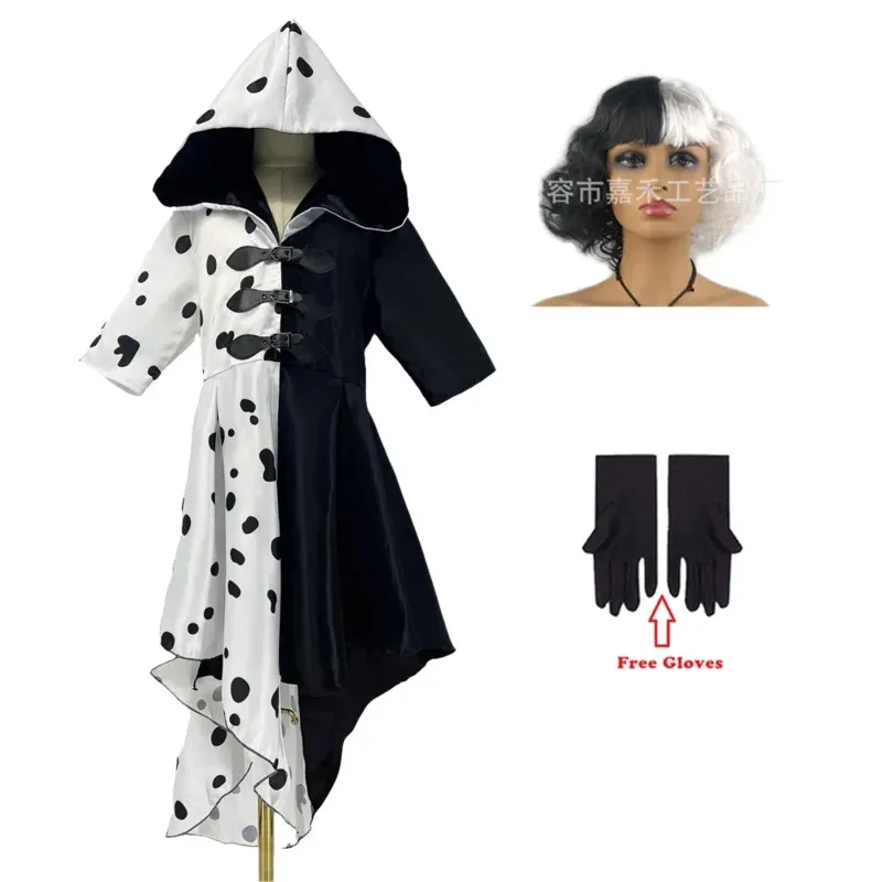 Evil Madame Crudelia De Vil Cosplay Costume di Halloween per bambini Donna Mezza parrucca bianca metà nera Abito da notte estivo da principessa per ragazze