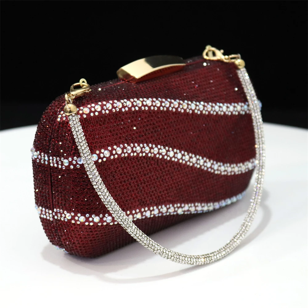 Fashion Women Evening Bags Metal Stripe Luxury Diamonds Clutch Wine Color Rhinestones Chain Shoulder Handbags