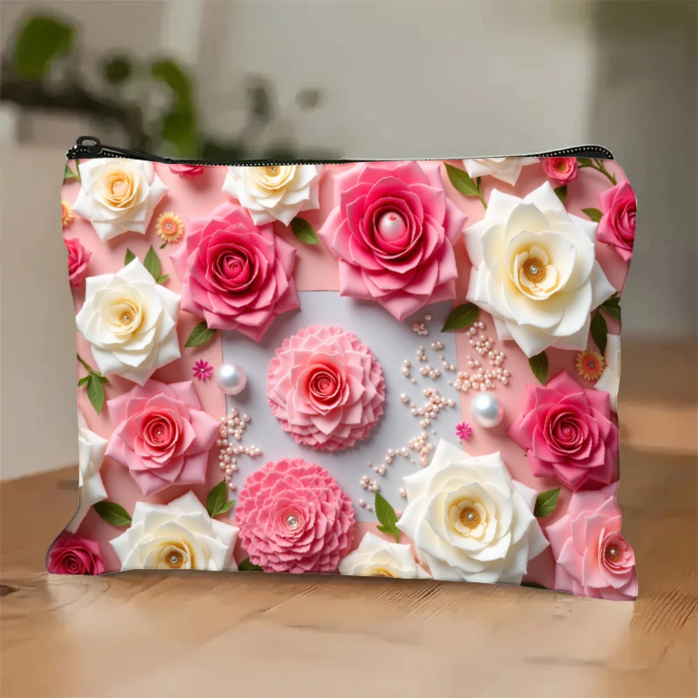 1 Piece Colorful Rose Flower Pearl-Decorated Printed Makeup Bag - Multifunctional Zipper Pouch for Women, Perfect Travel Zipper Storage Bag, Fun Birthday Gift