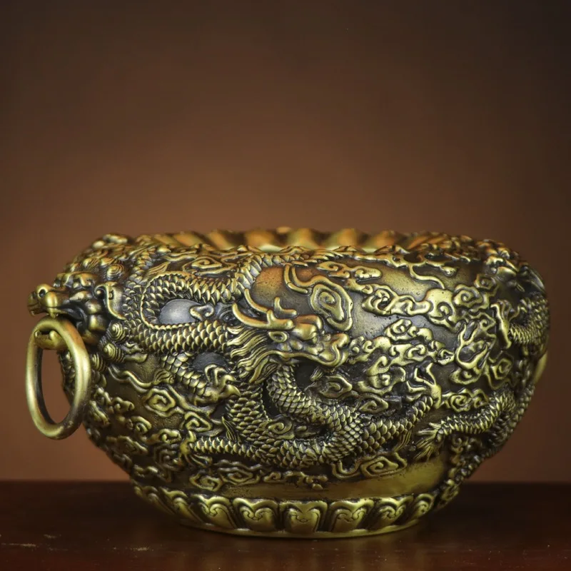 Brass , Copper Cloud , -Patterned Jar, Treasure Bowl With Coiled Dragon, Home And Shop Decorati