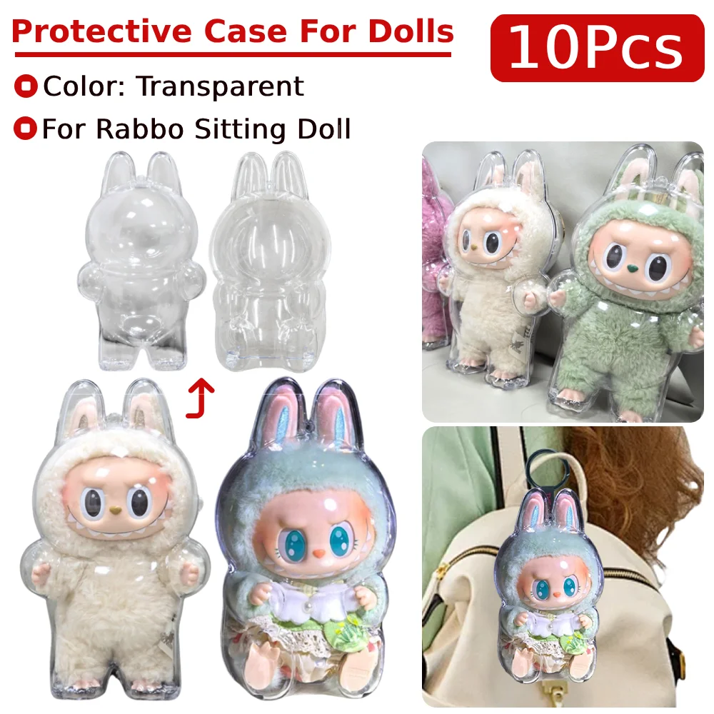 

10PCS For Labubu Transparent Protective Cover Dustproof Vinyl Doll Storage Box Cute Elf Plushie Display Cover for Holiday Gifts