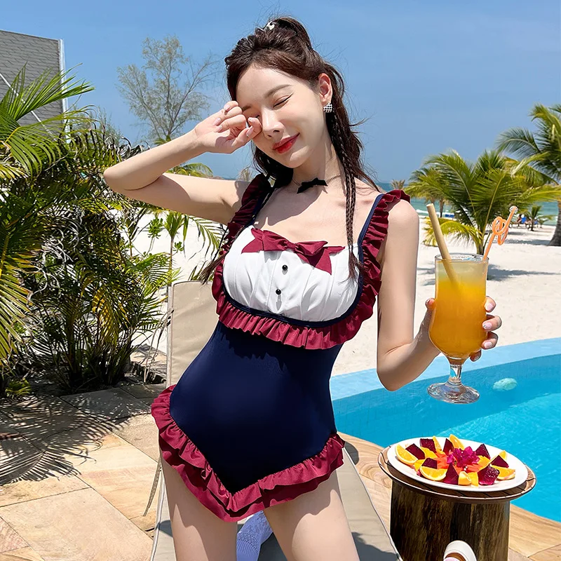 Lolita Cute Anime Maid Girl Cosplay Swimwear Japanese School Sukumizu Sweet Bowknot Backless Ruffle Swimsuit Beach Bathing Suits