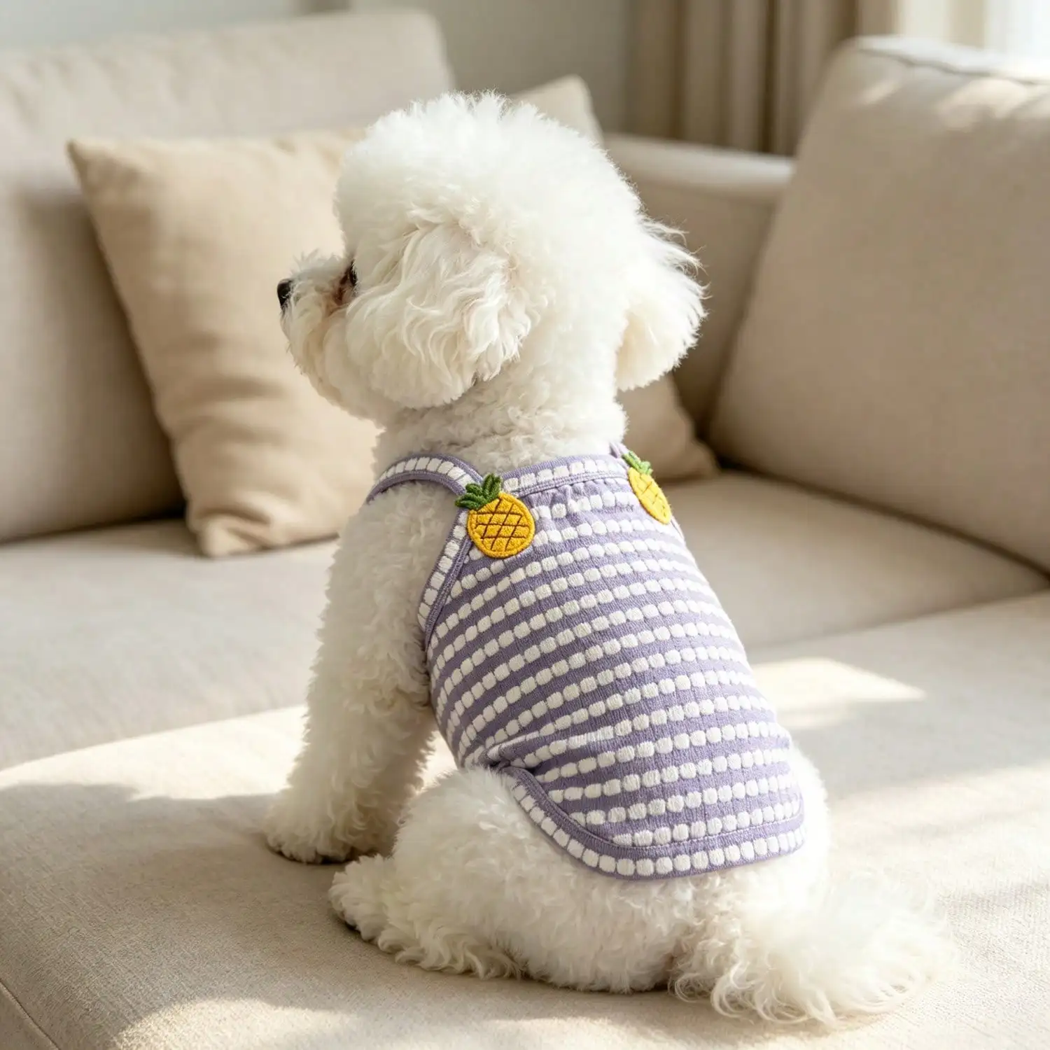 1 Stück gestreiftes Strick-Hundetanktop mit 3D-Frucht-Blumen-Ornament, atmungsaktive Welpenweste für kleine Hunde – Detail 10
